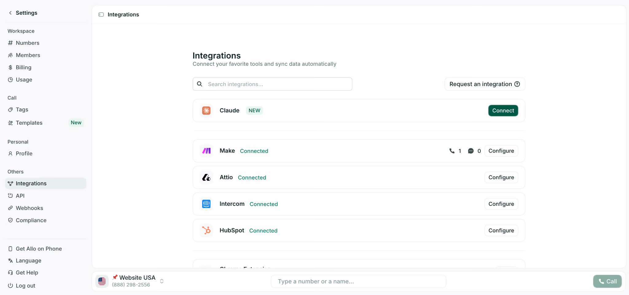 a screenshot of the integrations configuration screen in Allo