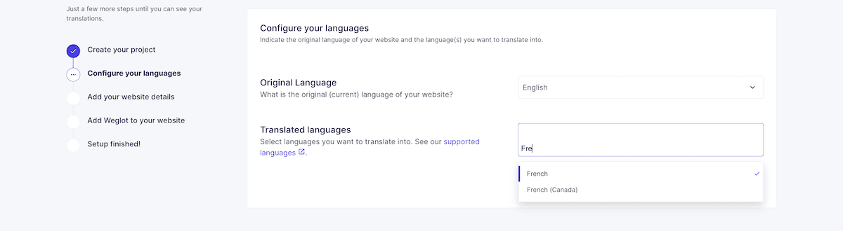 The Weglot dashboard showing the language configuration screen with an original language and target languages selected.