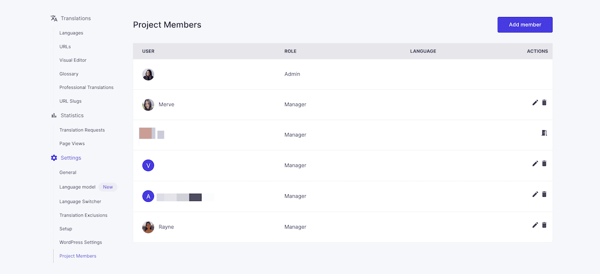 The Weglot Settings showing the Project Members screen with an option to add a team member by email.