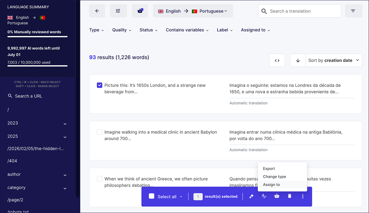 The Translation List showing strings selected and a menu displaying the Assign To option.