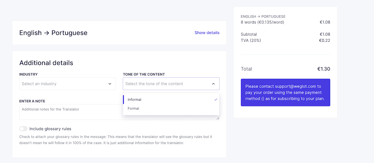 Making a professional translations order from the Weglot Dashboard.
