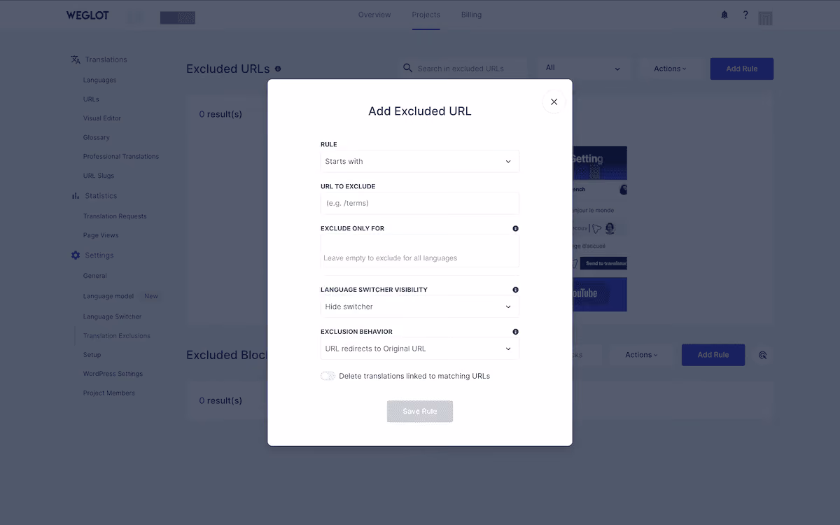 The Weglot Translation Exclusions screen showing options to add an excluded URL and drop-down menus to set up rules, language switcher visibility, and more.