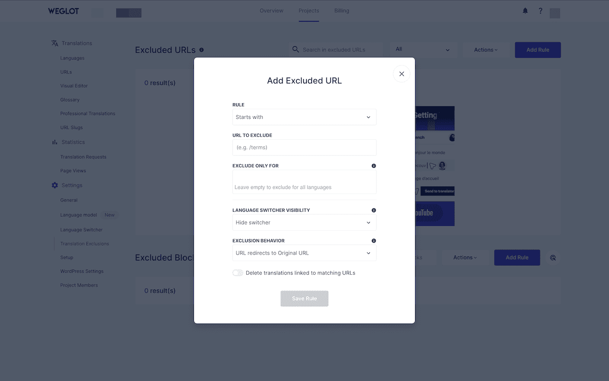 The Weglot Translation Exclusions screen showing options to add an excluded URL and drop-down menus to set up rules, language switcher visibility, and more.