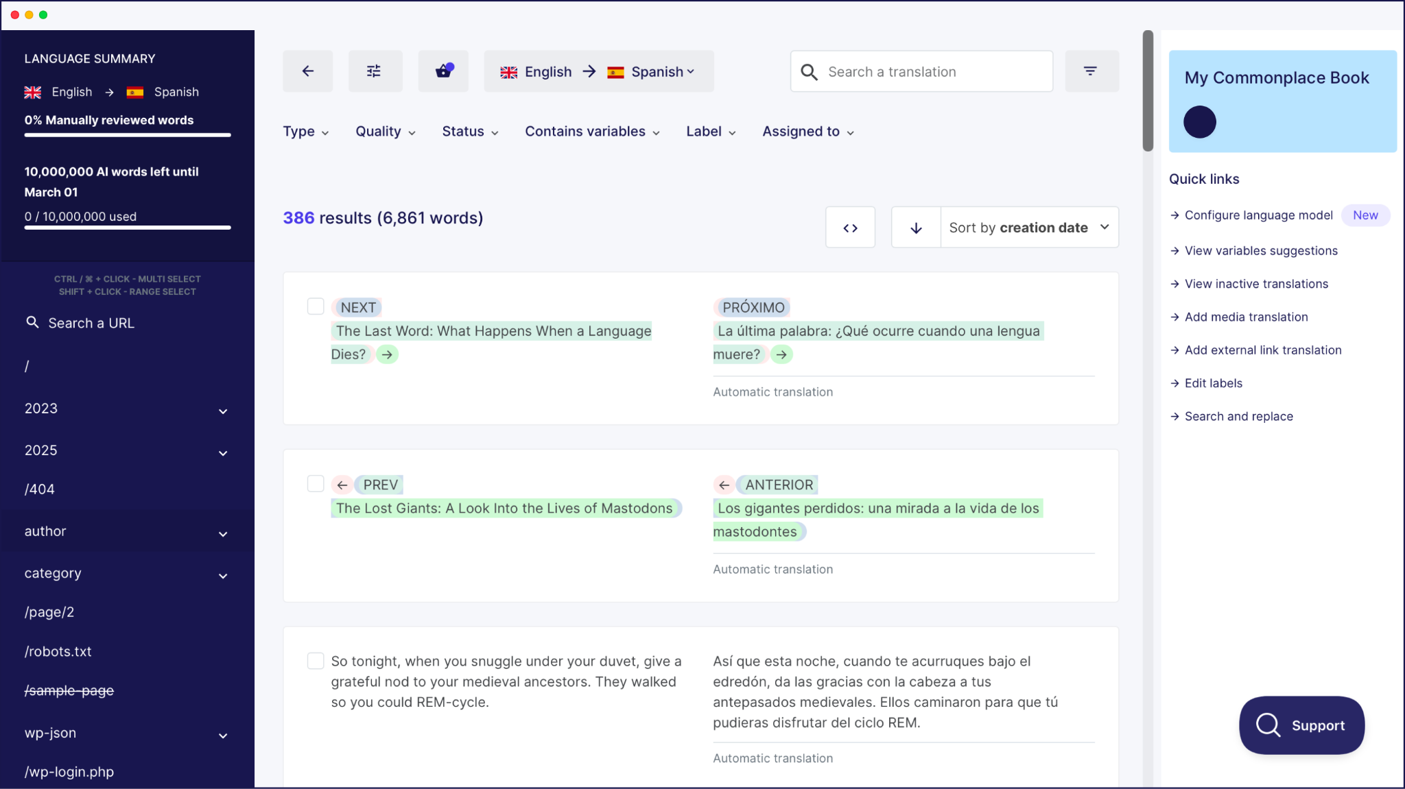 The Weglot Translation List showing side-by-side original and target language translations.