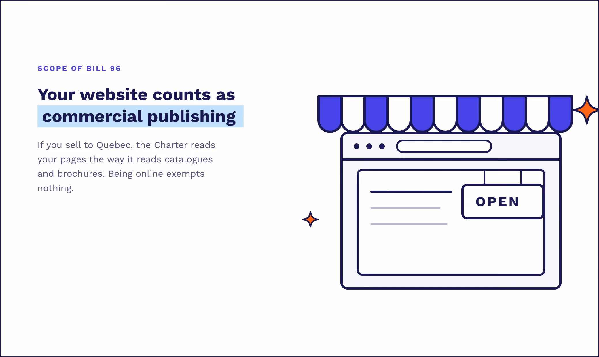 An image of a store with a label "open". Your website counts as commercial publishing. If you sell to Quebec, you need to comply to some rules.