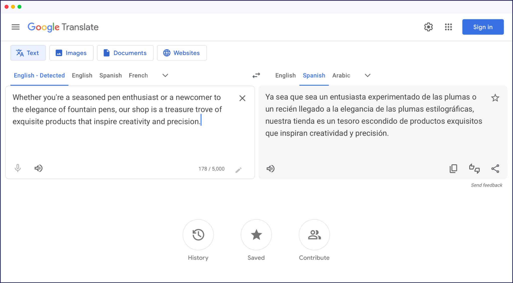 Página de inicio de Google Traductor