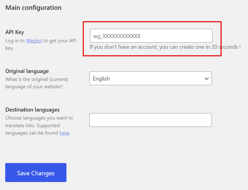 Weglot configuración principal