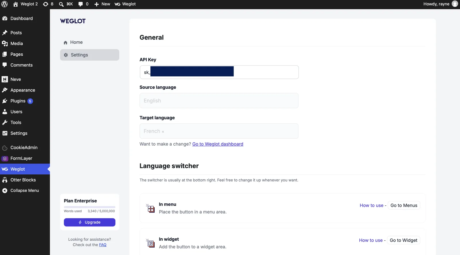 Weglot plugin settings in the WordPress admin: API key, source language, and target language