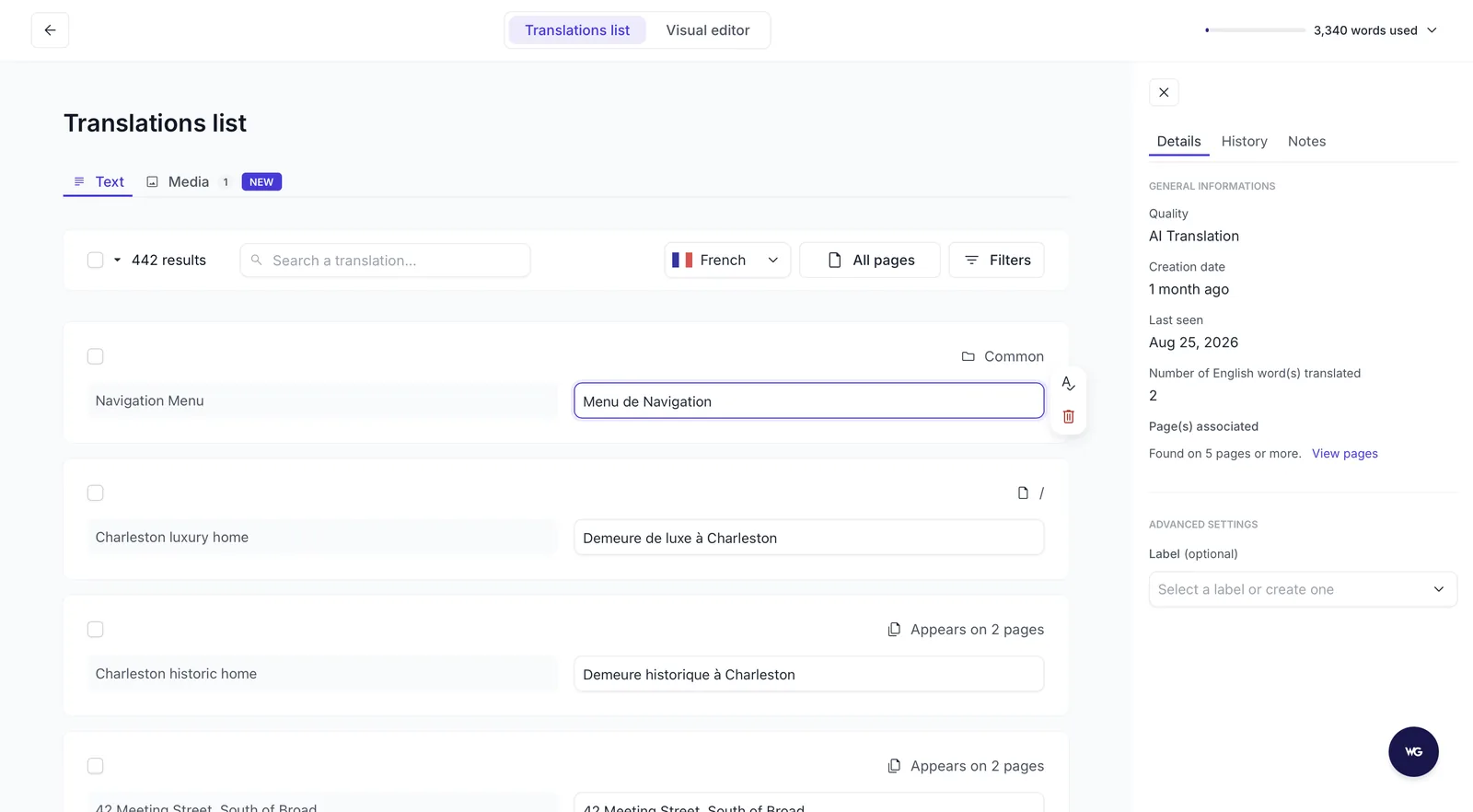 The Translation List in the Weglot dashboard, showing original and translated text side by side
