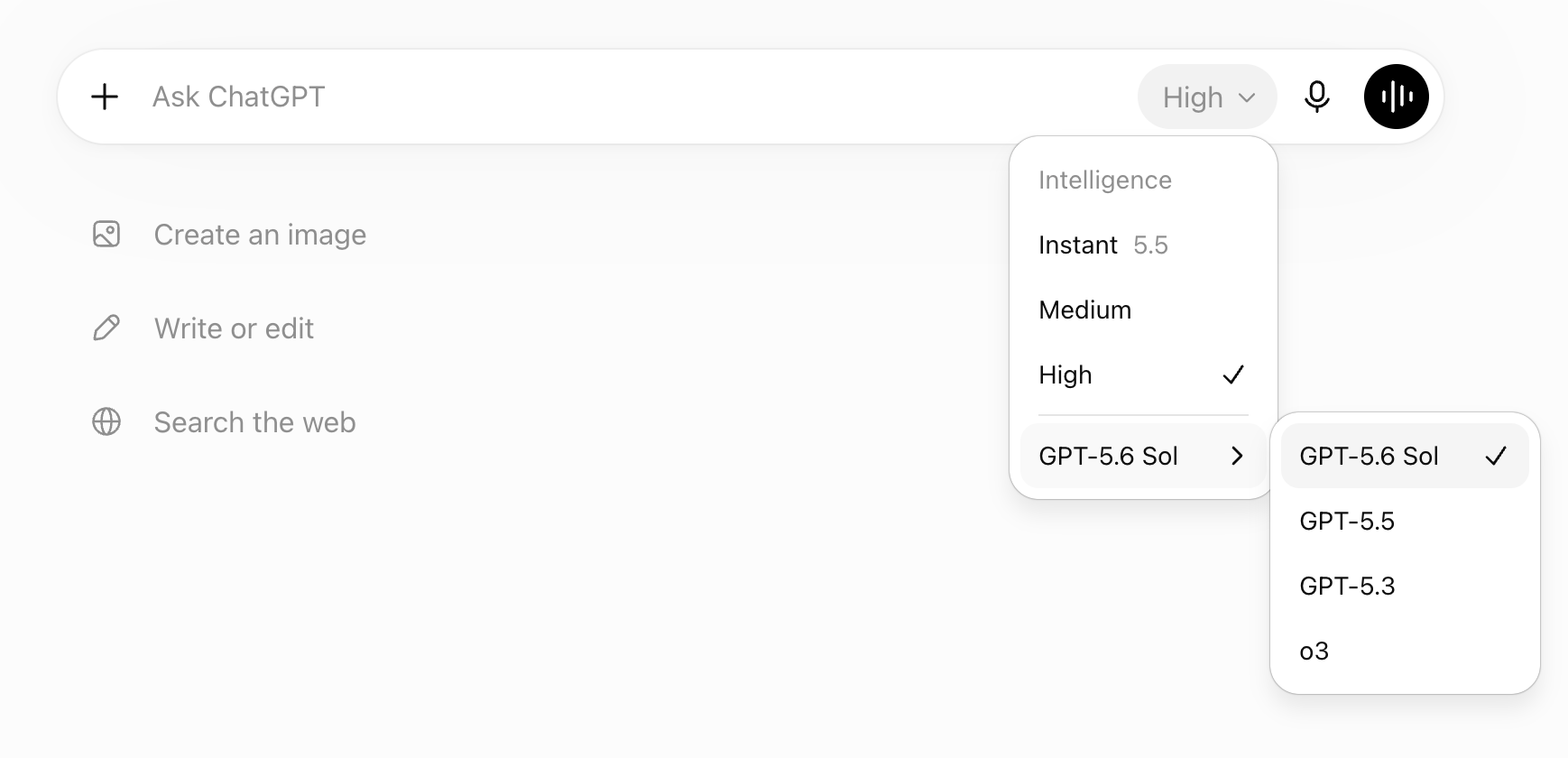 chatGPT model selection, including the latest 5.6 version