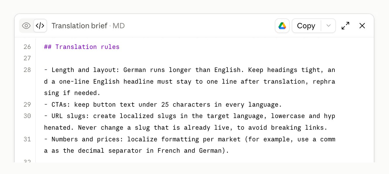 Arquivo Markdown que mostra as regras de tradução