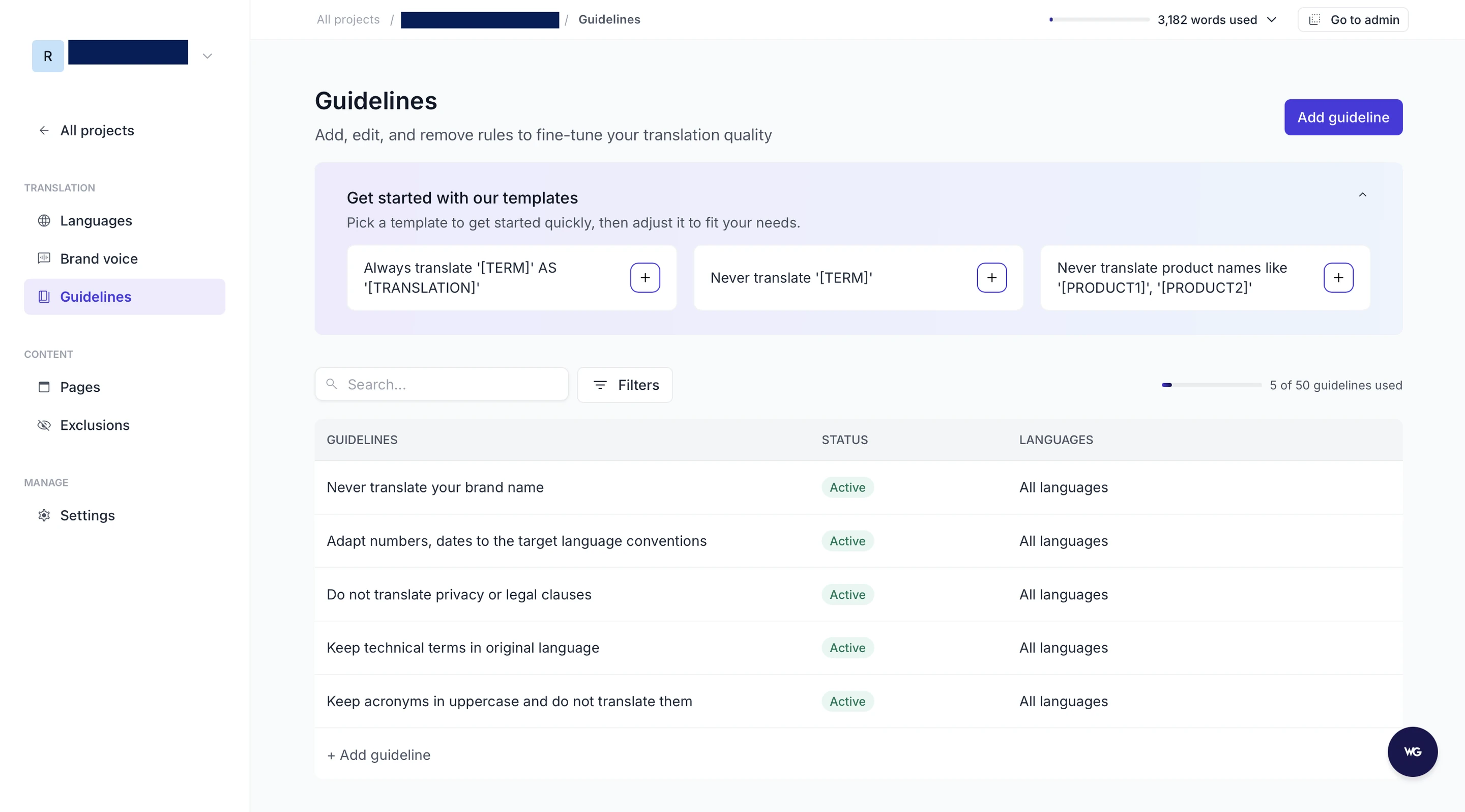 Weglot 2.0 Guidelines page with templates such as Never translate a term and a list of active rules applied to all languages