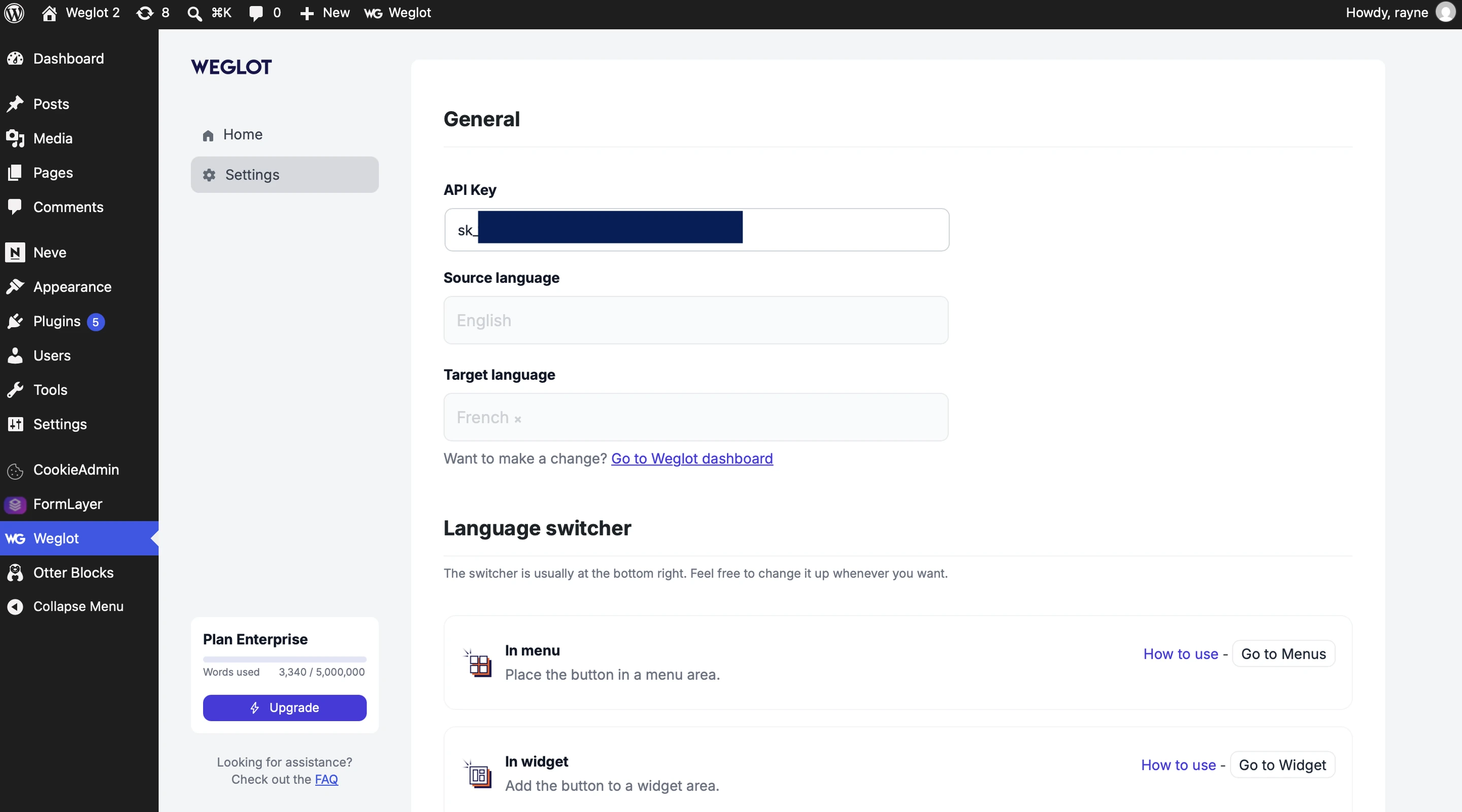 Weglot Configuración del plugin en el panel de administración de WordPress: campo «Clave API» con los idiomas de origen y de destino
