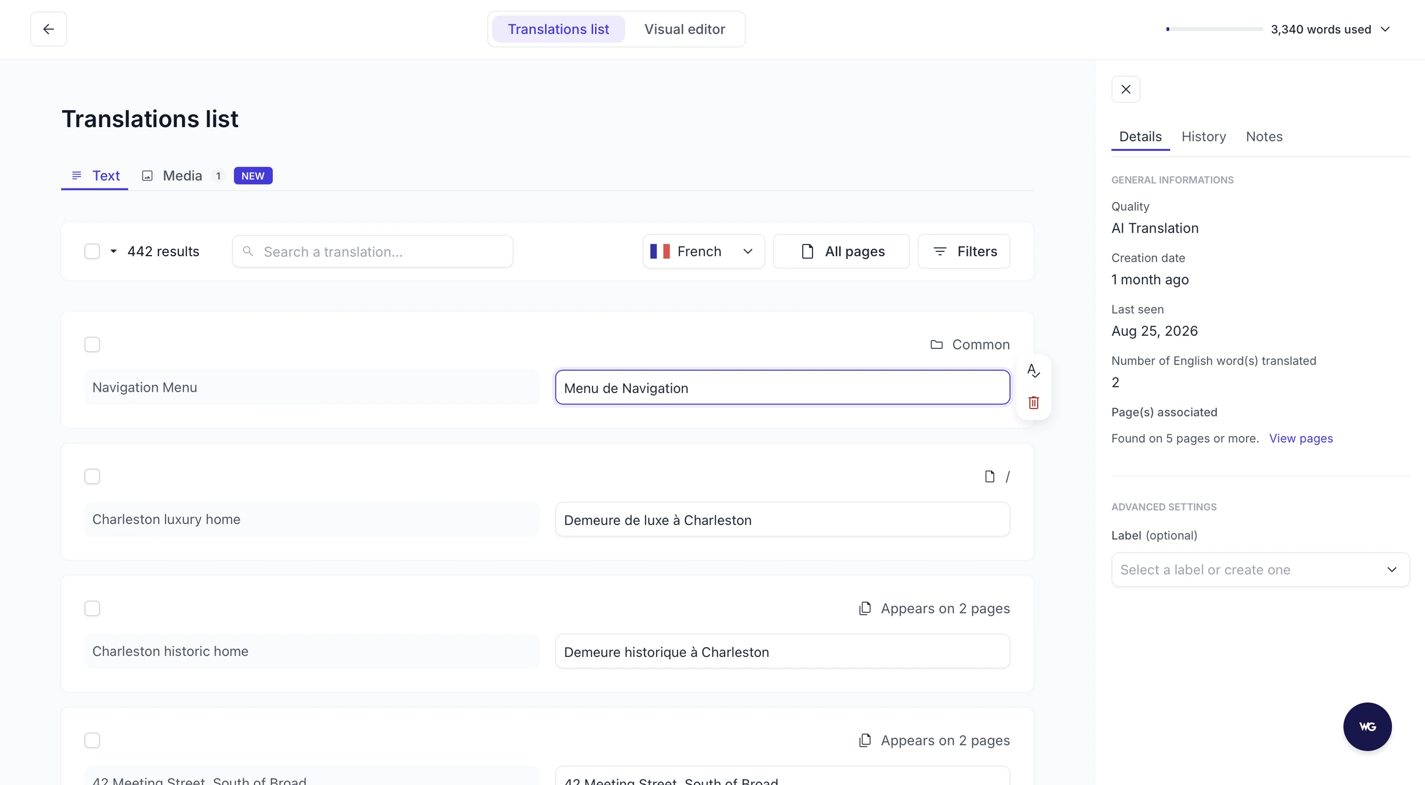 Weglot 2.0 Translation List with English originals and French translations side by side and a details panel