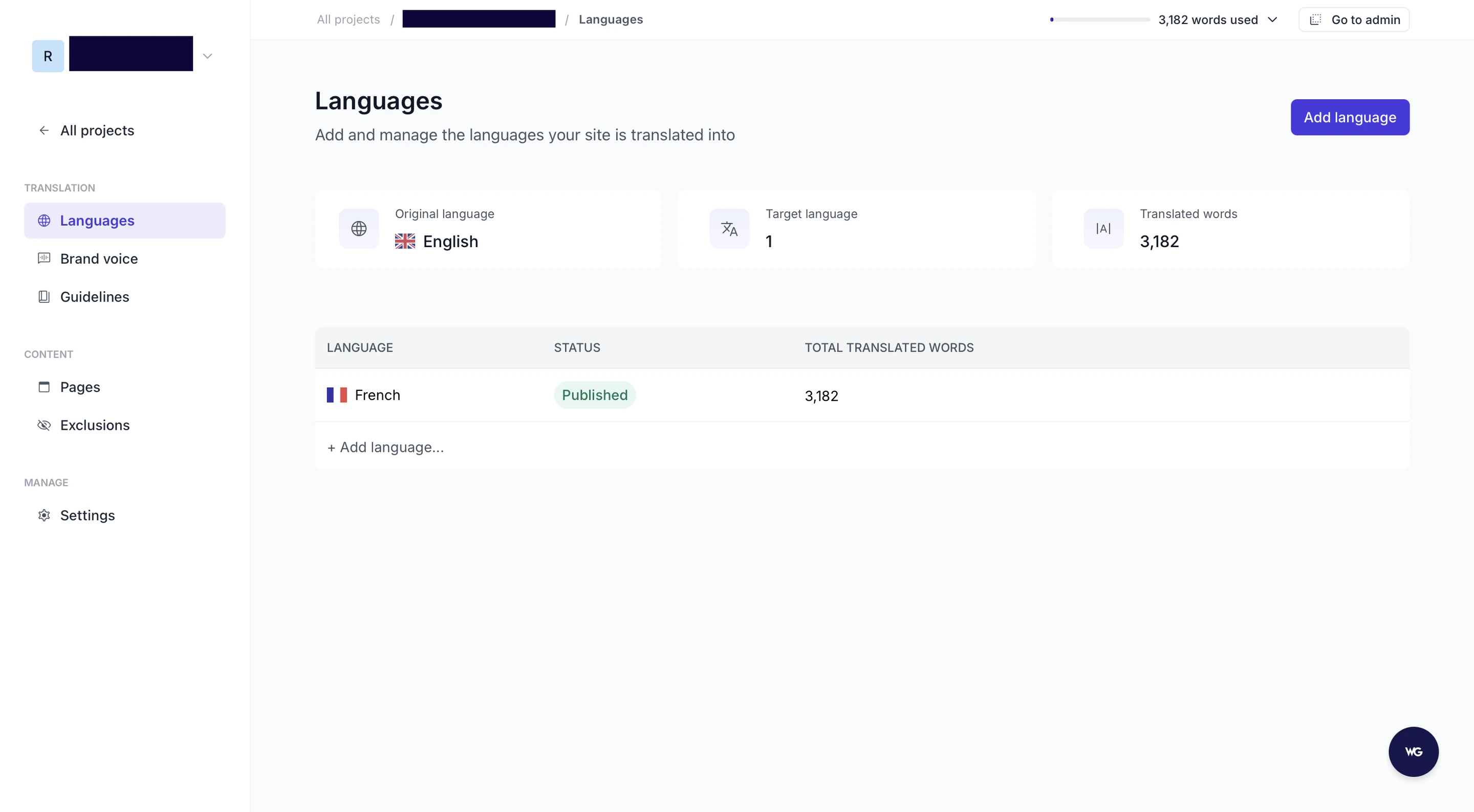 Weglot 2.0 dashboard Languages page showing the original language, one published target language and the translated word count