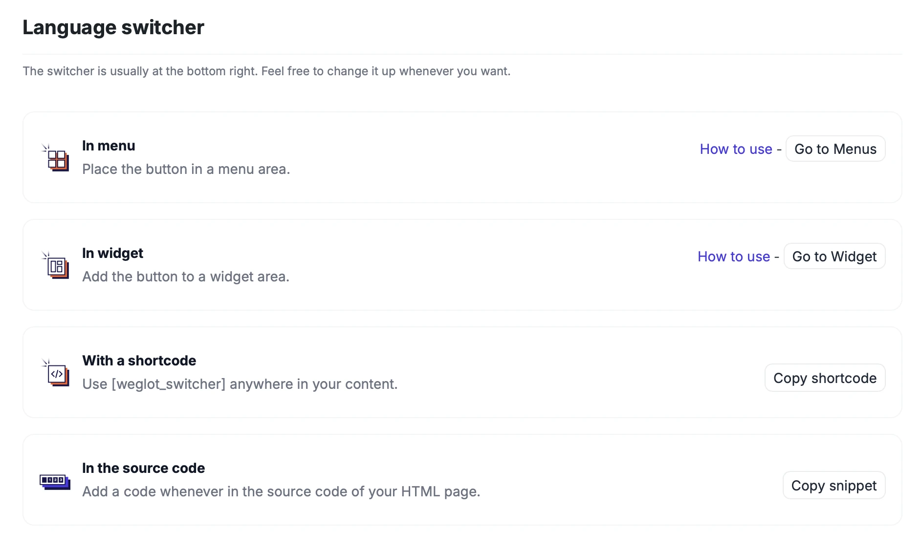 Sección de cambio de idioma de la configuración del plugin « Weglot » en el panel de administración de WordPress, con las cuatro opciones de ubicación: en el menú, en un widget, mediante un shortcode o en el código fuente