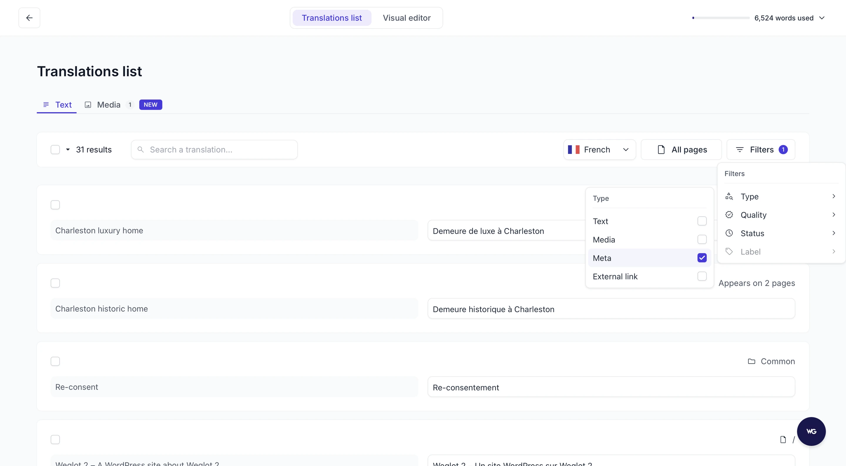 Weglot Translation List filtered by Meta to review translated page titles and metadata for SEO - WPML alternative