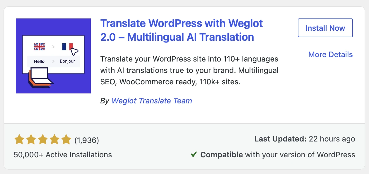 Weglot kartę wtyczki na ekranie Dodaj wtyczki WordPress z przyciskiem Zainstaluj teraz