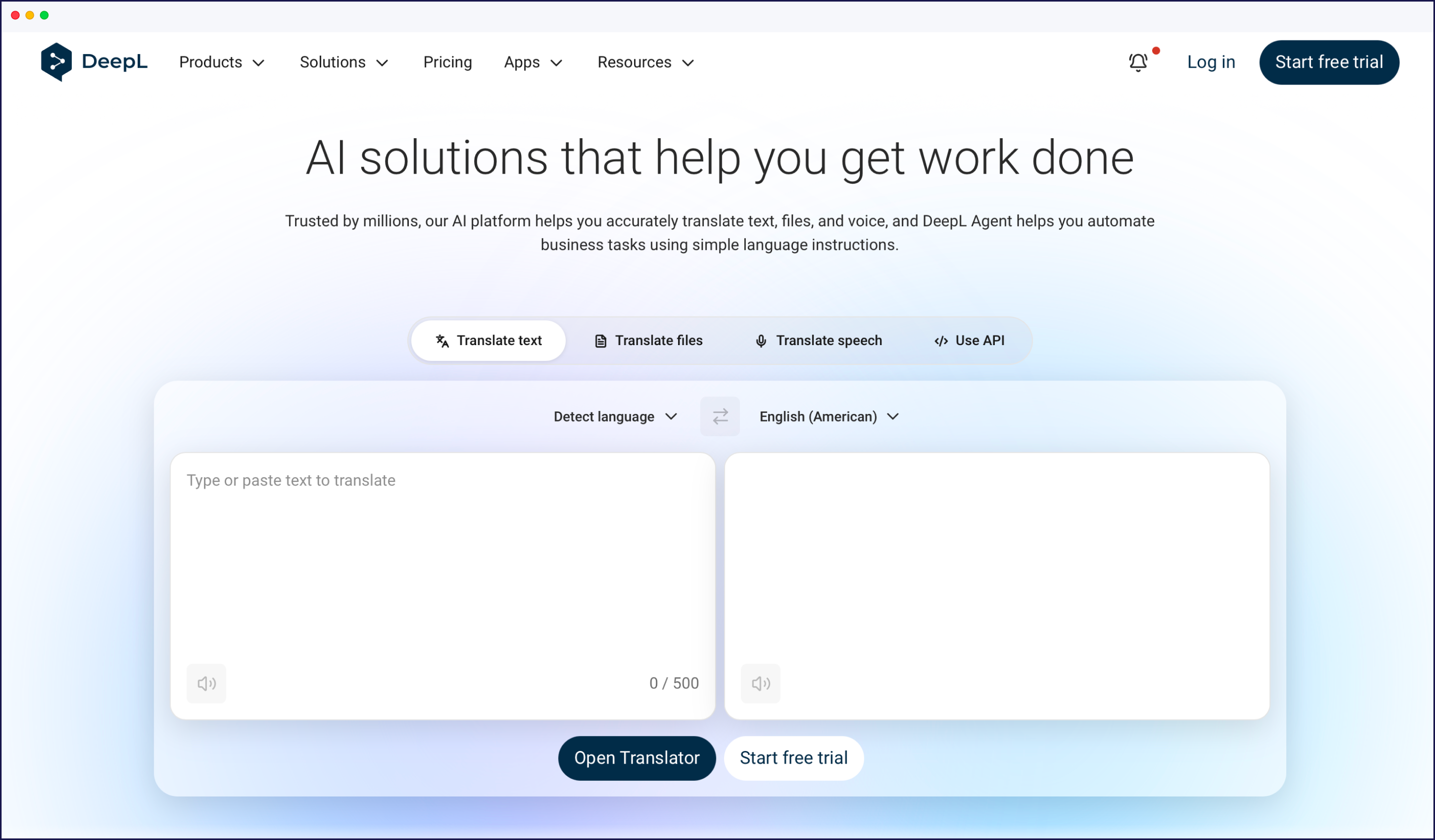DeepL translator website showing French to American English translation