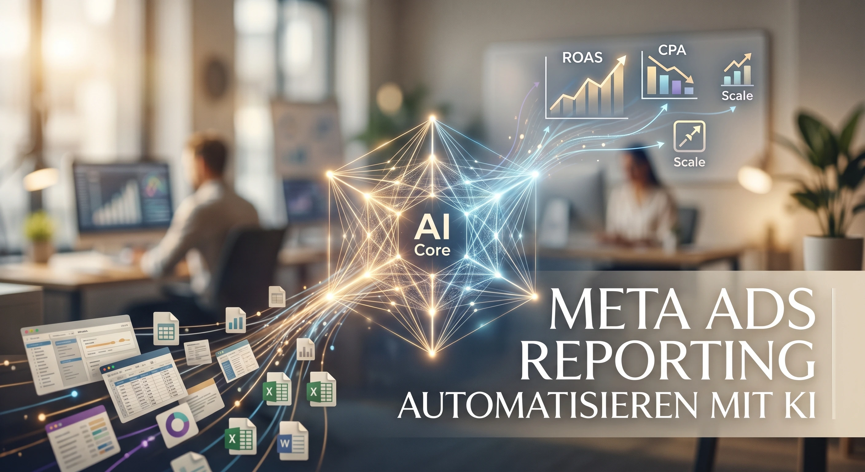 Ein E-Commerce Marketer sieht auf einem Dashboard in aimpact.app automatisiert aggregierte Meta Ads Daten, statt manuell im Ads Manager Tabellen zu exportieren.