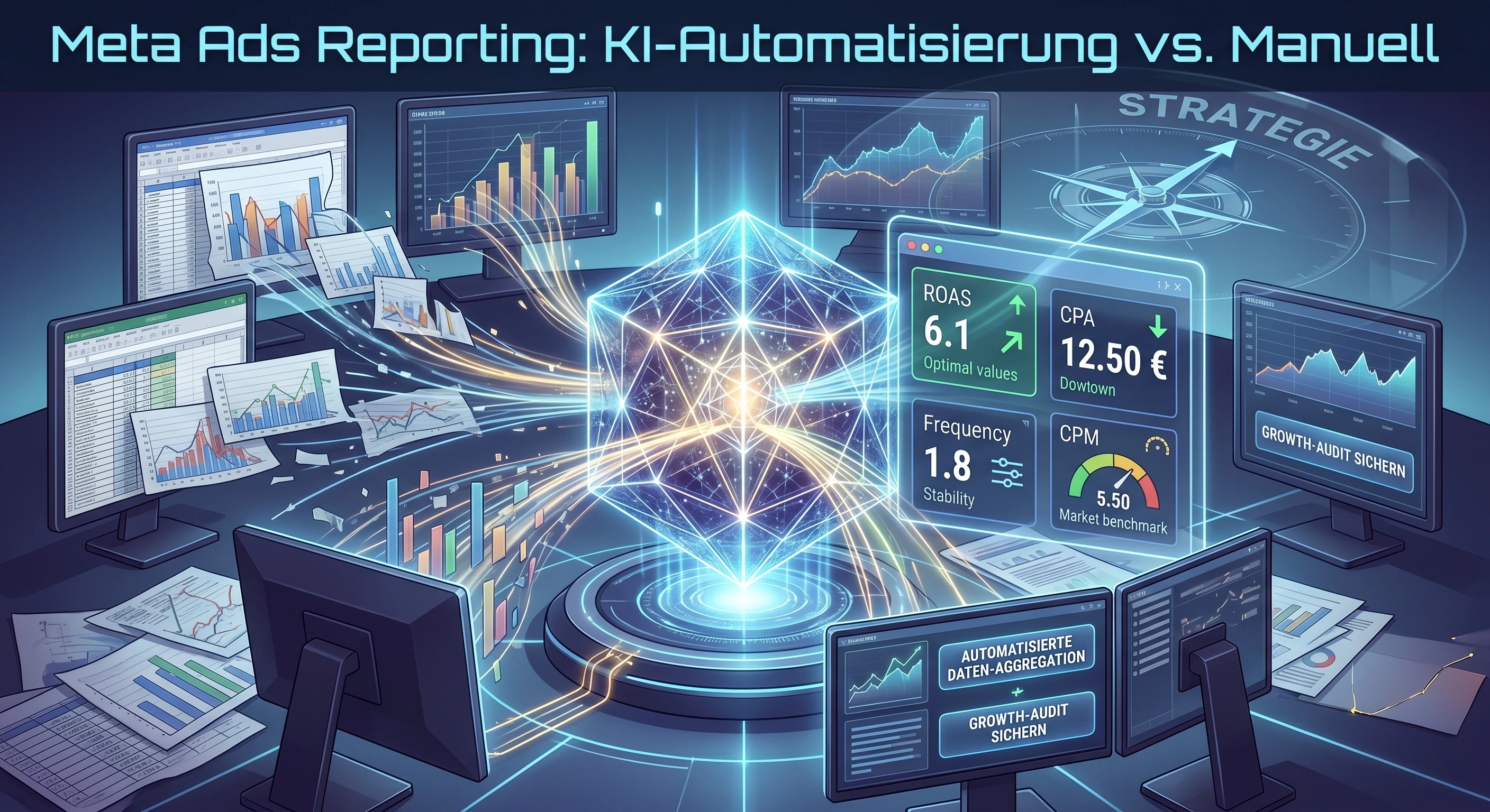 Ein E-Commerce Team diskutiert vor einem Dashboard in aimpact.app die Entscheidung zwischen KI-gesteuertem und manuellem Meta Ads Management.