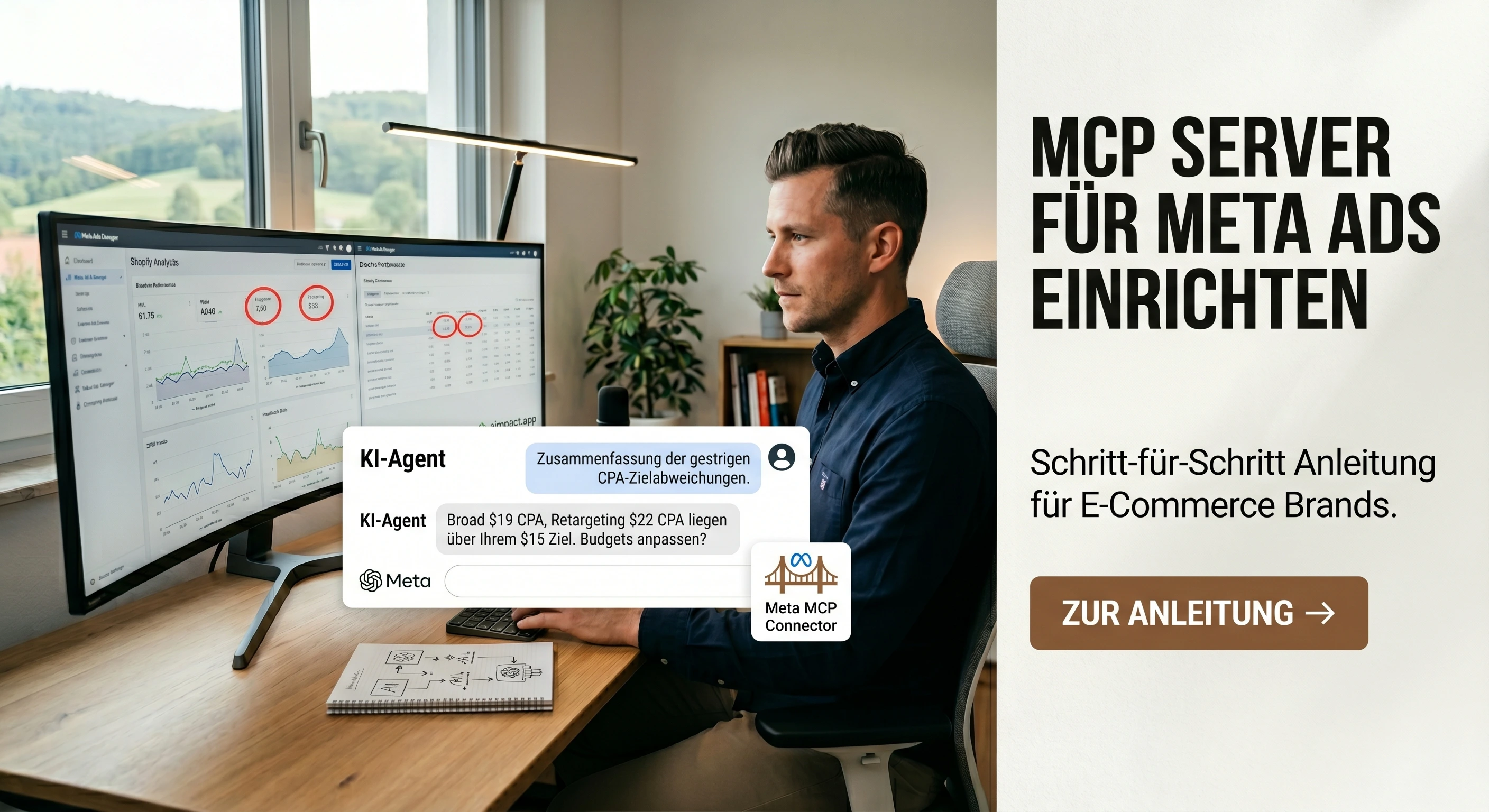 Ein Entwickler richtet auf seinem Laptop den Meta MCP Server ein, um über einen KI-Agenten direkt Kampagnen im Meta Ads Manager zu steuern und zu analysieren.