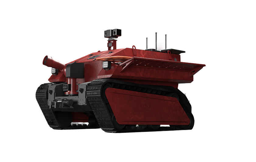 Наземний робот TENGU-5 — броньований гусеничний комплекс для пожежогасіння та роботи у зонах підвищеної небезпеки.
