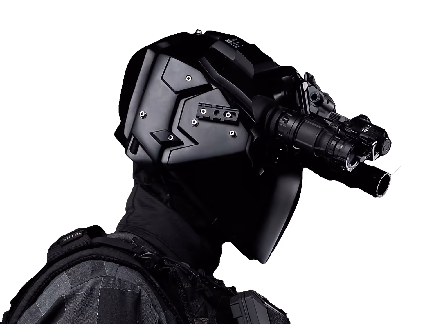 Профіль військового з балістичним шоломом RONIN та пристроєм нічного бачення на чорному фоні.