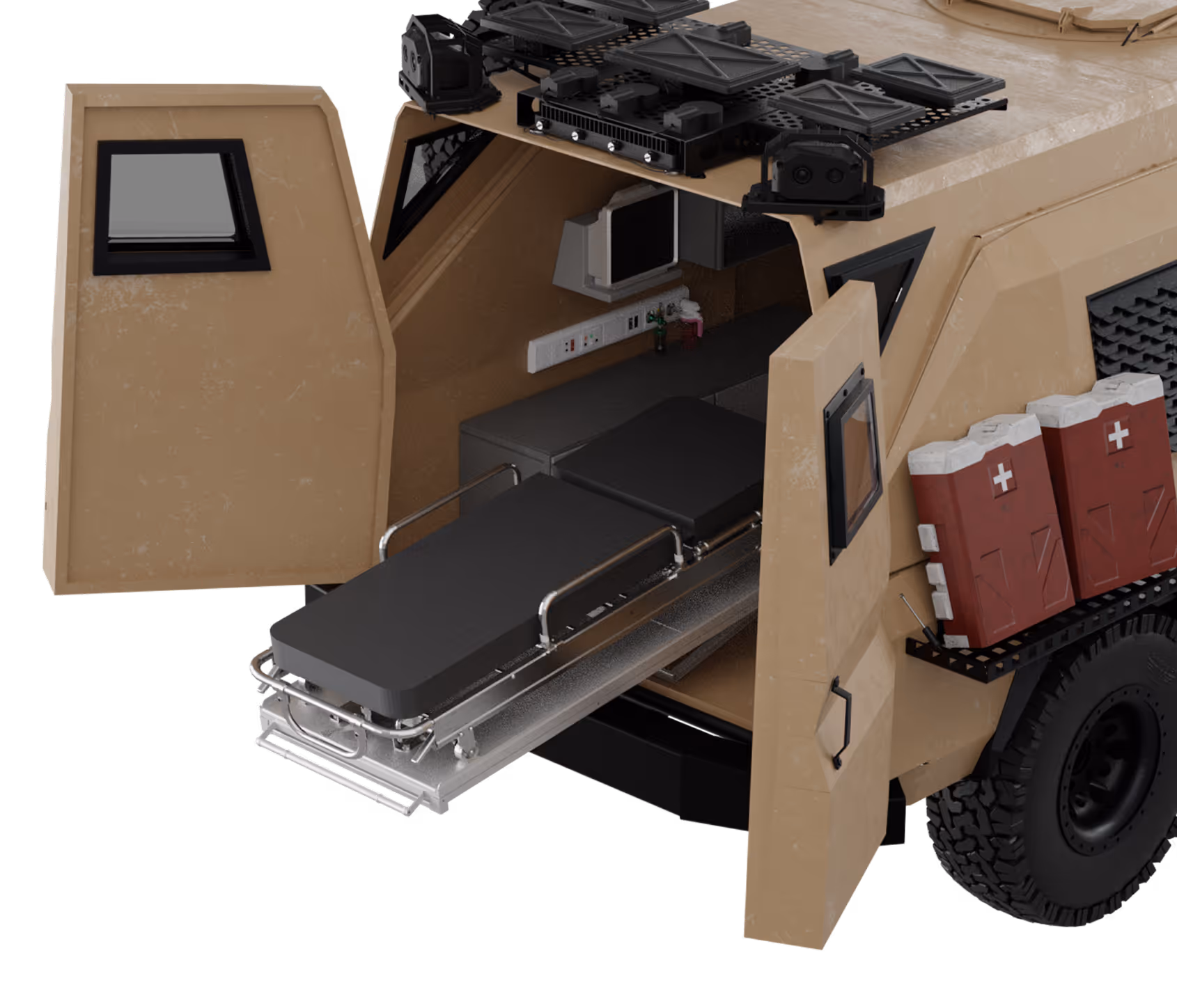 Медично-евакуаційна система ARTAN із відкритими задніми дверима, висувними ношами та внутрішнім медичним оснащенням для завантаження та фіксації пацієнтів у польових умовах.