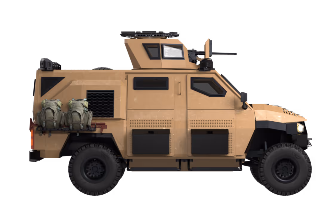 Захищена бойова версія ARTAN V1.4 з закритими дверима, закритою задньою частиною з вікнами та баштовою установкою для кулеметів 7.62×51 мм або 12.7×99 мм.