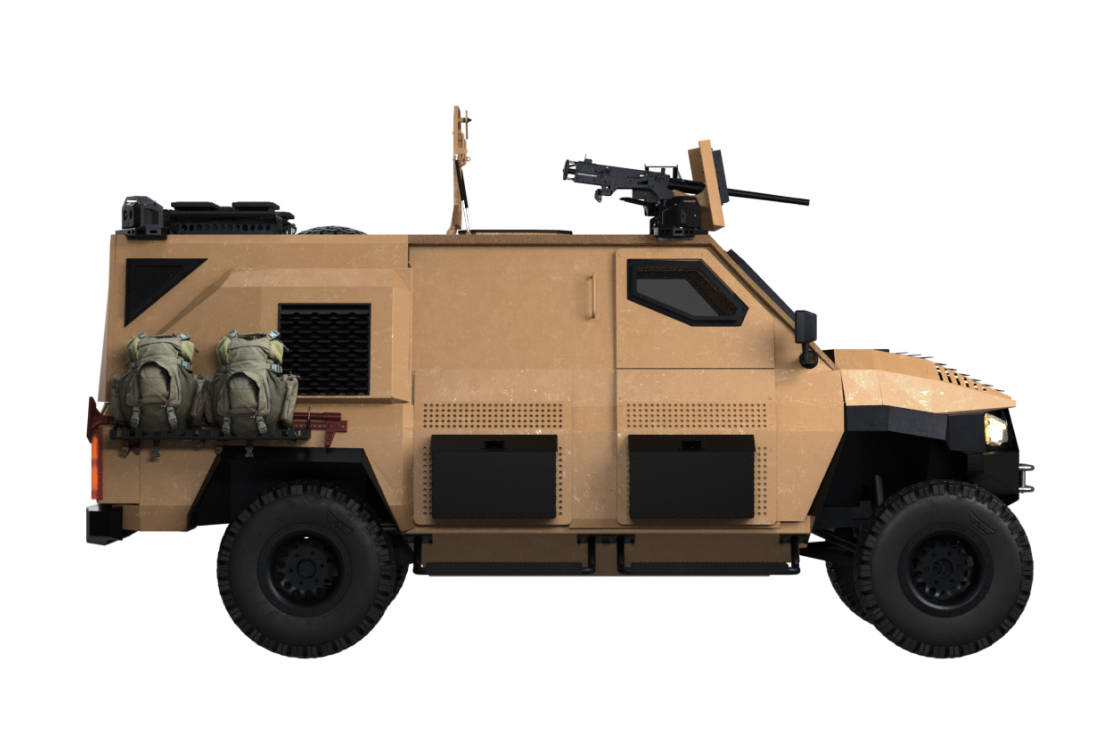 Посилена логістична модифікація ARTAN V2.6 із закритою задньою секцією з вікнами, дверима закритого типу та поворотною баштою для підвищеної мобільності та безпеки підрозділів.