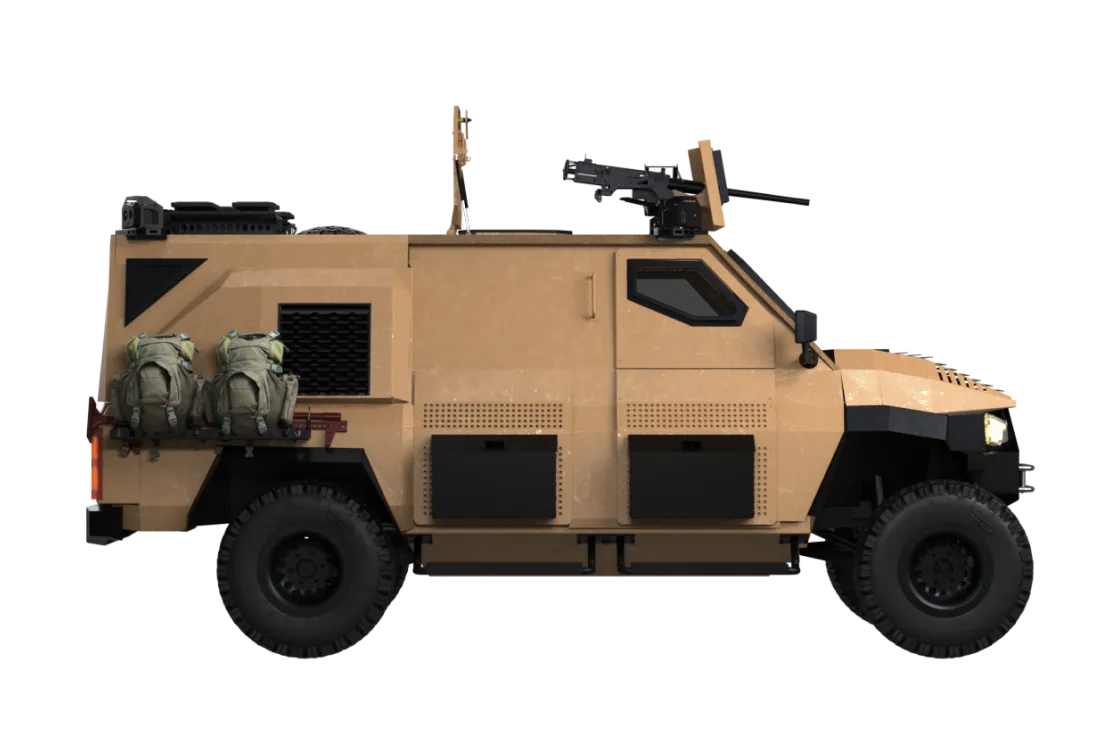 Посилена логістична модифікація ARTAN V2.6 із закритою задньою секцією з вікнами, дверима закритого типу та поворотною баштою для підвищеної мобільності та безпеки підрозділів.