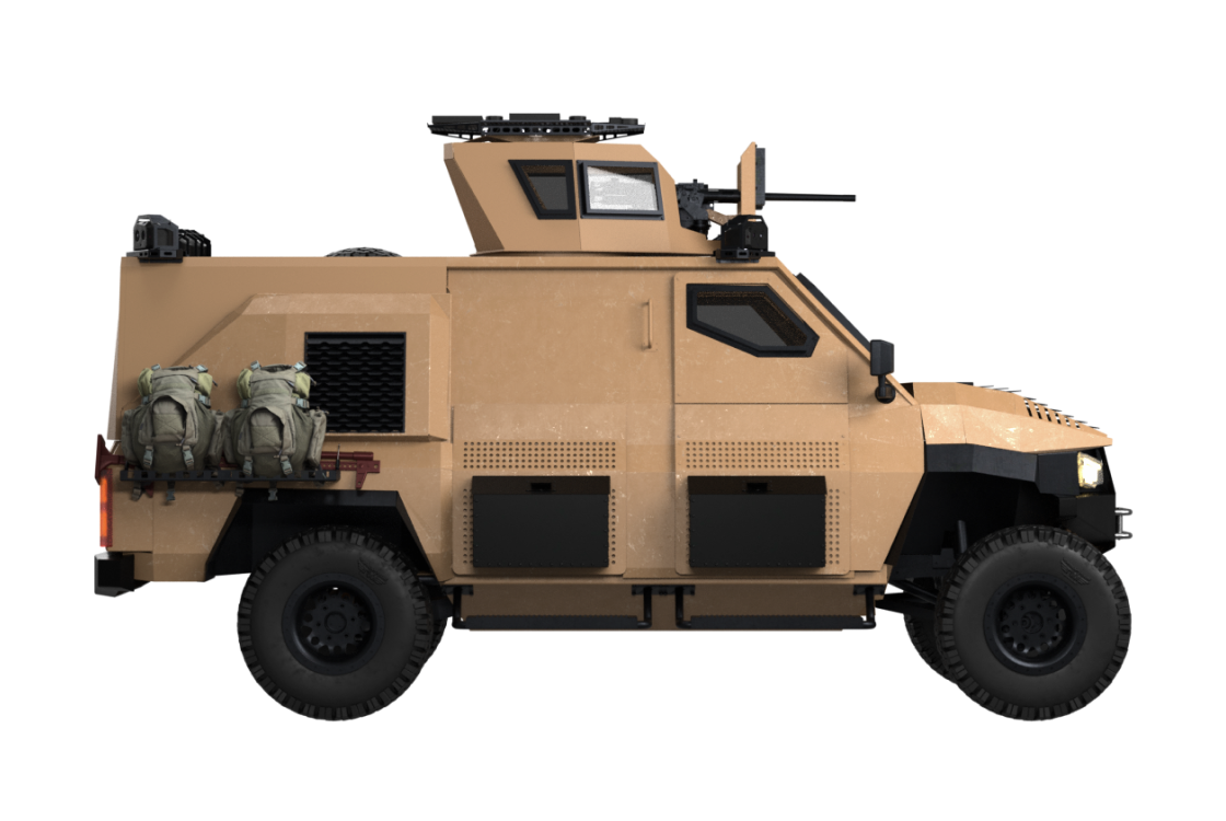 Логістичний автомобіль ARTAN V2.4 з баштовою установкою закритого типу, заднім вантажним відсіком з відкидним бортом та броньованими дверима для роботи в тилових і передових умовах