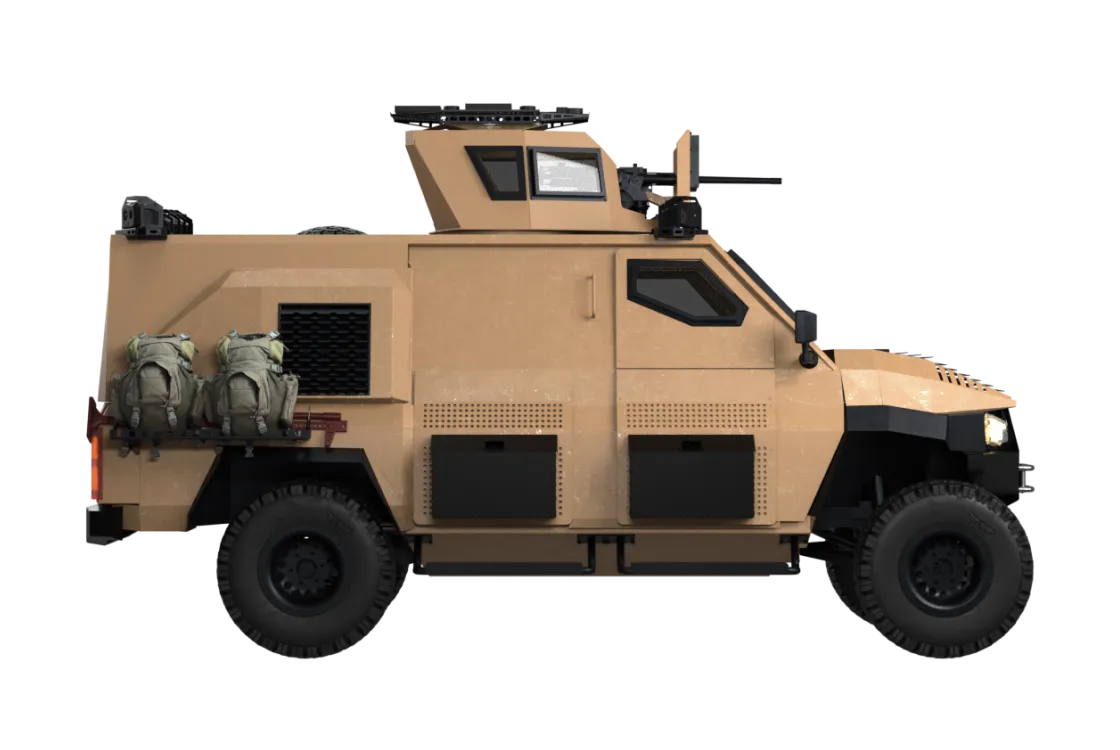 Логістичний автомобіль ARTAN V2.4 з баштовою установкою закритого типу, заднім вантажним відсіком з відкидним бортом та броньованими дверима для роботи в тилових і передових умовах