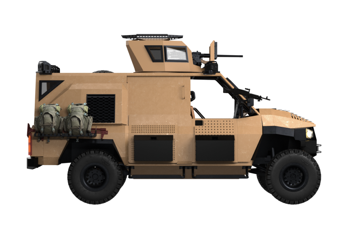 Закрита логістична версія ARTAN V2.2 з поворотною баштою, боковими кулеметами 7.62×51 мм та броньованою задньою частиною з відкидним бортом для транспортування вантажів і особового складу.
