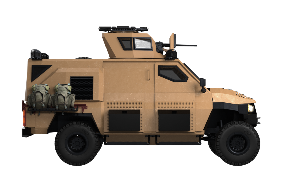 Броньований логістичний автомобіль ARTAN V2.5 з закритим корпусом, тактичними дверима та комплексом S.O.V.A, оснащений туреллю для крупнокаліберного озброєння.