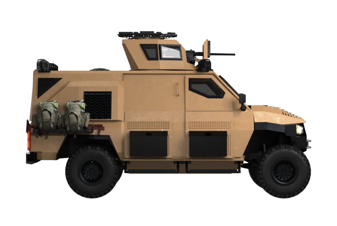 Броньований логістичний автомобіль ARTAN V2.5 з закритим корпусом, тактичними дверима та комплексом S.O.V.A, оснащений туреллю для крупнокаліберного озброєння.