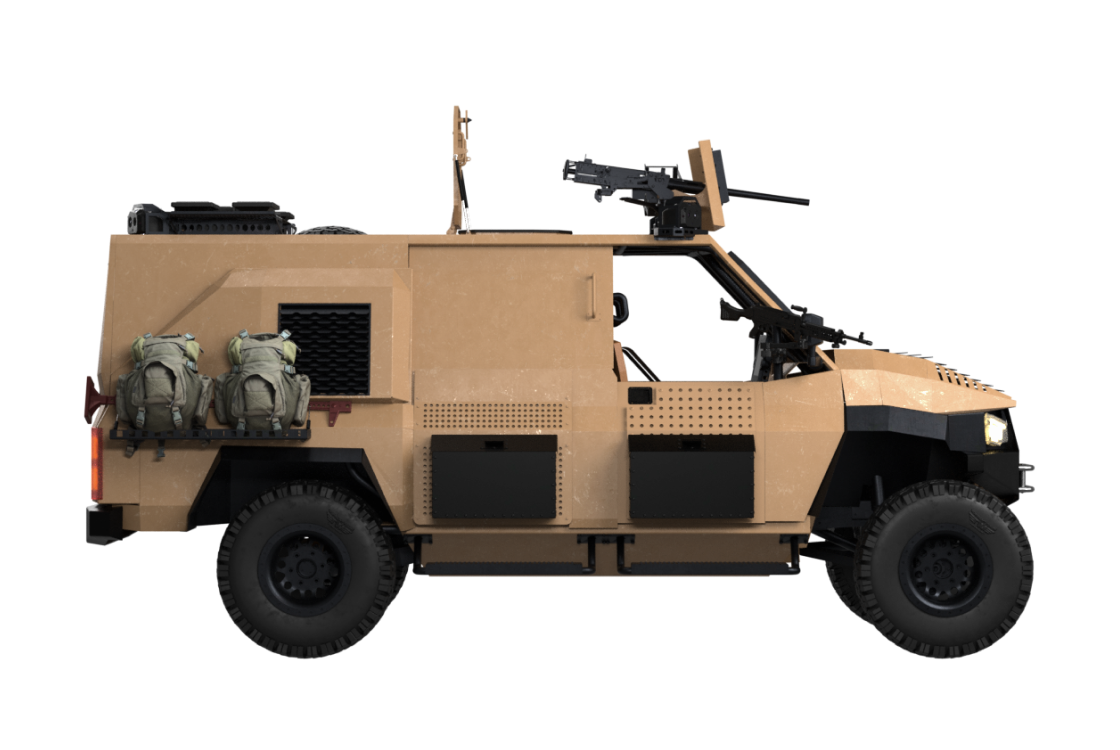 Логістична модифікація ARTAN V2.1 з частково відкритою кабіною, заднім вантажним відсіком, боковими кулеметам, системами РЕБ та S.O.V.A для підтримки підрозділів у тилу й на передовій.