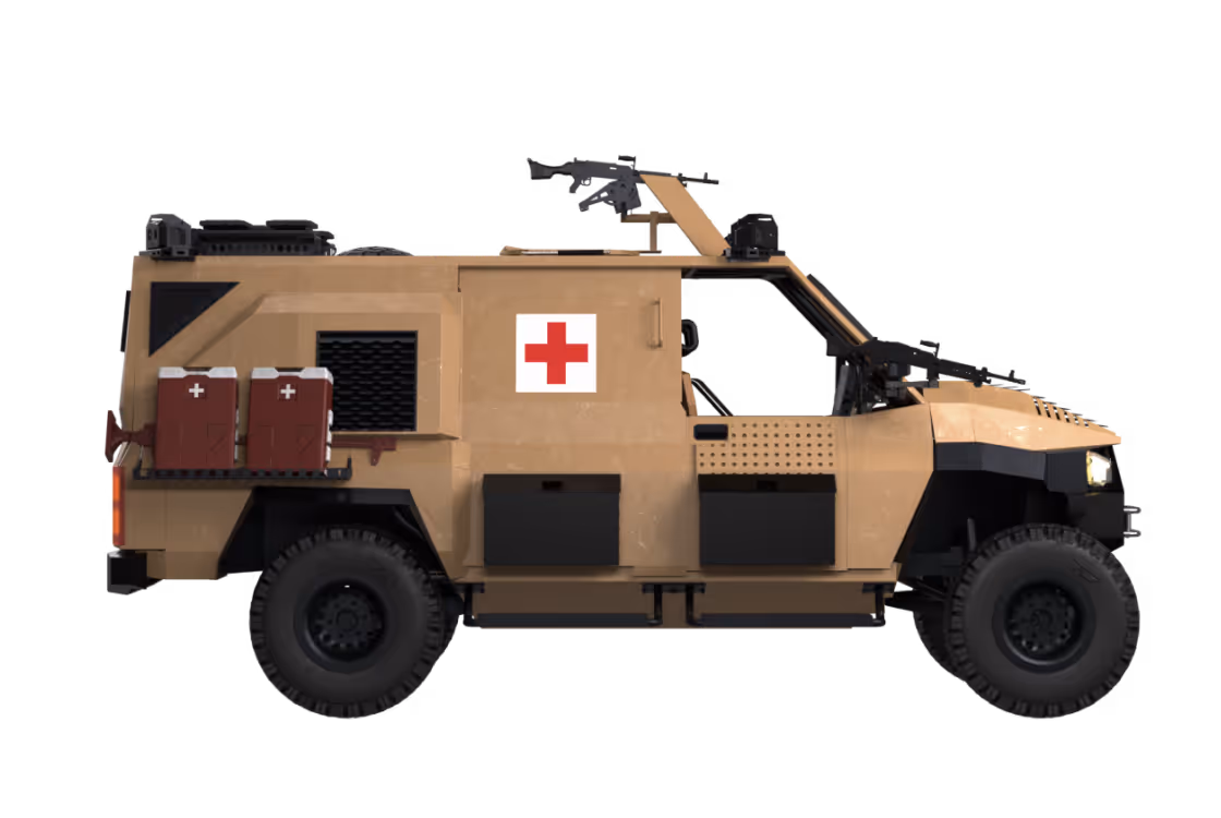 Броньована медична машина ARTAN V3.2 з туреллю, бортовим кулеметом 7.62×51 мм, закритими дверима, евакуаційним люком і маркуванням медичної допомоги для транспортування поранених.