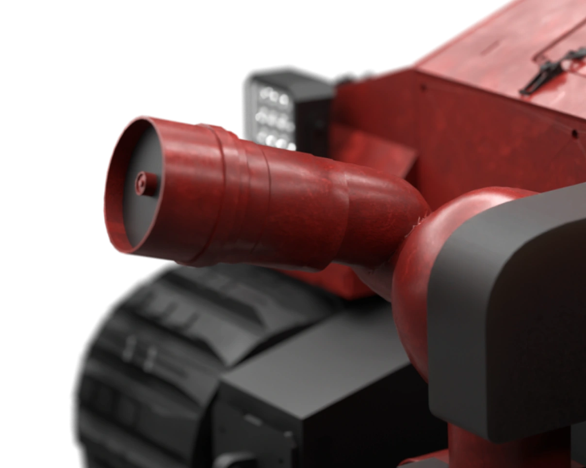 Система пожежного моніторингу з електричним водяним стволом, встановлена на роботизованій пожежній платформі; ліворуч наведено опис функцій та технічних можливостей системи.