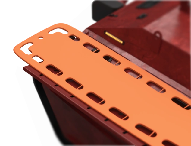 Ноші для евакуації поранених, закріплені на роботизованій платформі; модуль призначений для безпечного транспортування постраждалих із небезпечної зони, з описом функціонального призначення ліворуч.