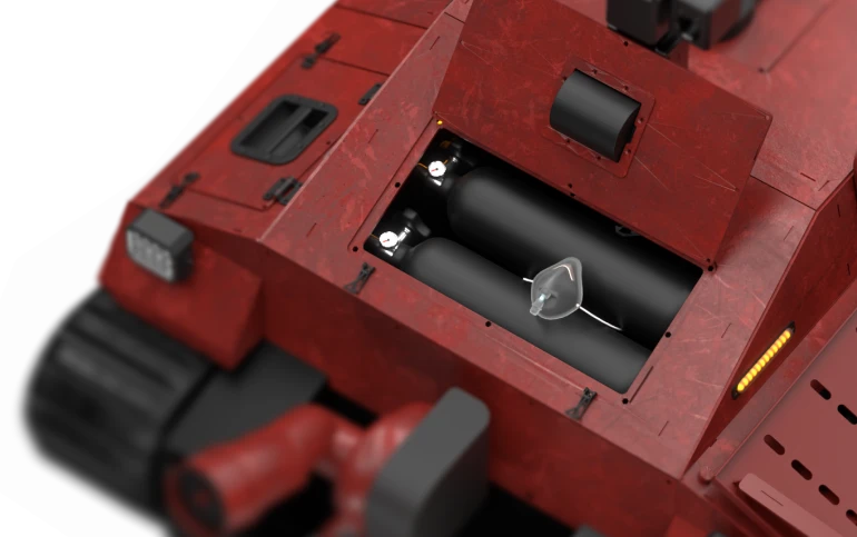 Система подачі кисню, інтегрована в корпус роботизованої платформи; всередині відсіку розміщені кисневі балони та маска для підтримки дихання постраждалих під час евакуації.