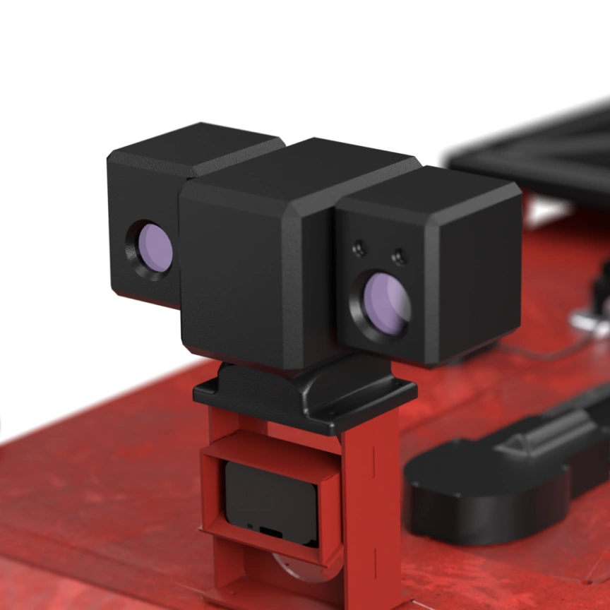 Модуль системи відеоспостереження з двома оптичними камерами та тепловізором, встановлений на червоному корпусі роботизованої платформи; ліворуч розміщений опис технічних характеристик системи.