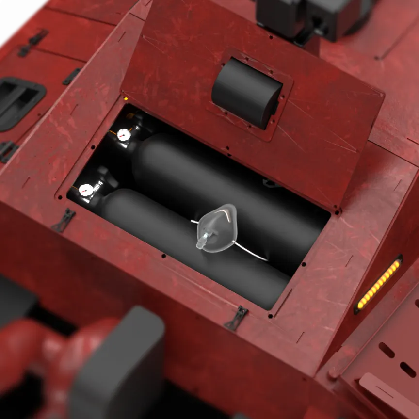 Система подачі кисню, інтегрована в корпус роботизованої платформи; всередині відсіку розміщені кисневі балони та маска для підтримки дихання постраждалих під час евакуації.