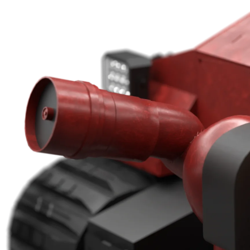 Система пожежного моніторингу з електричним водяним стволом, встановлена на роботизованій пожежній платформі; ліворуч наведено опис функцій та технічних можливостей системи.