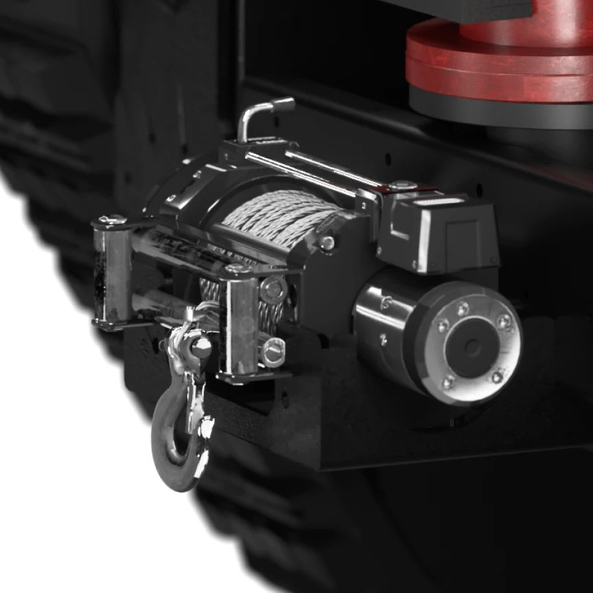 Лебідка, встановлена на роботизованій платформі, з металевим тросом і гаком; призначена для евакуації техніки, спорядження або поранених у складних умовах місцевості.