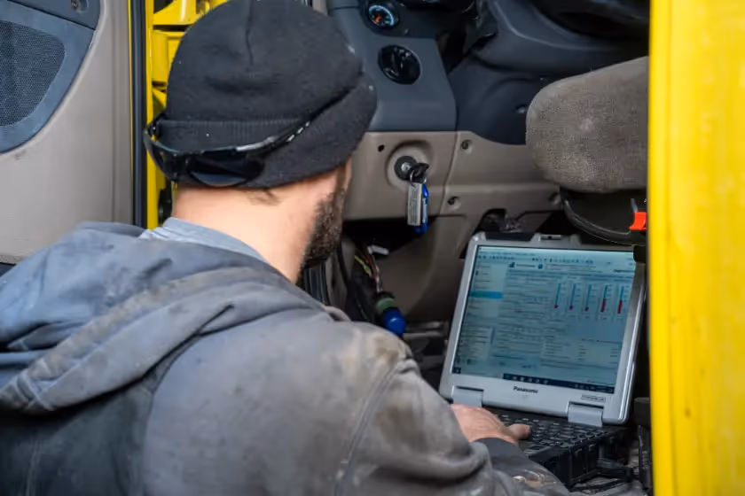 Mechanic providing truck diagnostics in repair shop in Circleville, OH