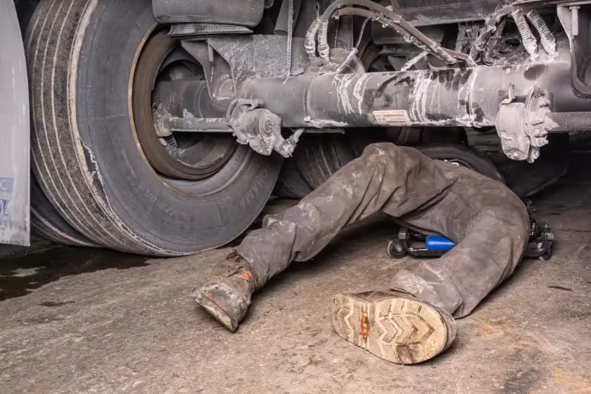 Mechanic performing truck driveline repair in Circleville, OH