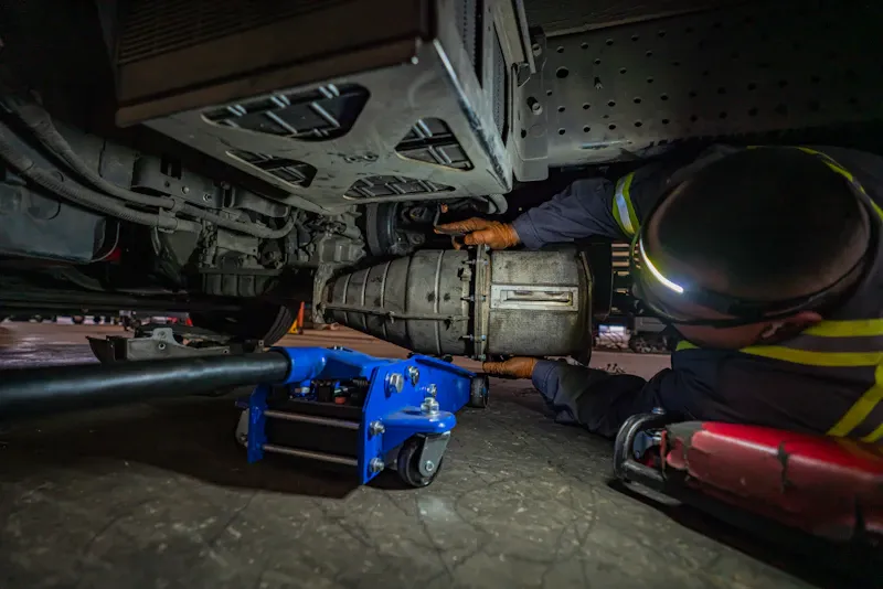 Heavy-duty truck repair technician works beneath a raised truck, inspecting the transmission supported by a blue floor jack.