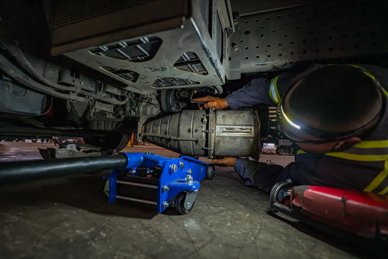 Heavy-duty truck repair technician works beneath a raised truck, inspecting the transmission supported by a blue floor jack.